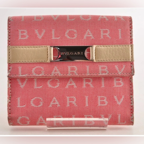 BVLGARI Bi-Fold Wallet Canvas Leather Pink Ivory Women Used Auth - Picture 2 of 14